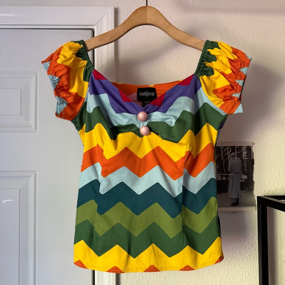 COLLECTIF ModCloth rainbow zig zag chevron puff short sleeve‎ cotton mod blouse